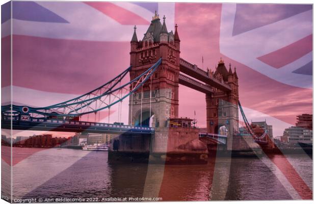 Tower Bridge with Union Jack Canvas Print by Ann Biddlecombe