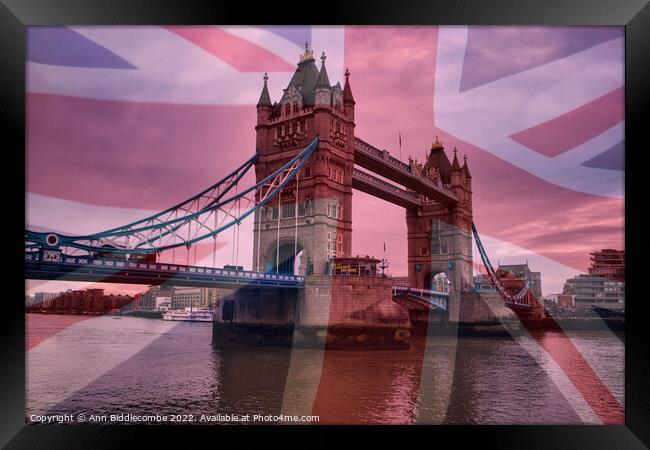 Tower Bridge with Union Jack Framed Print by Ann Biddlecombe