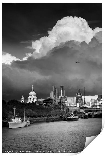 Stormy skies over the London skyline Print by Justin Foulkes