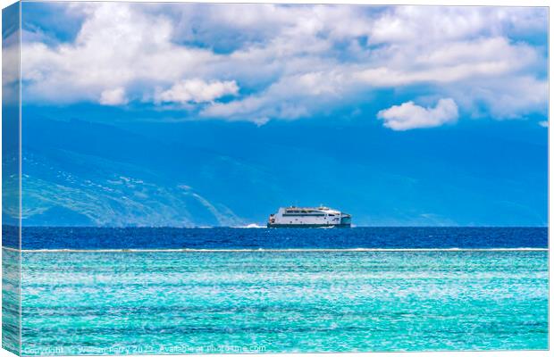 Interisland Ferry From Tahiti Cloudscape Blue Water Moorea  Canvas Print by William Perry