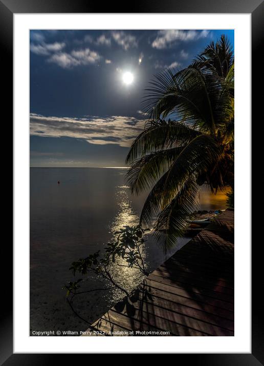 Moon Stars Night Reflection Blue Water Moorea Tahiti Framed Mounted Print by William Perry