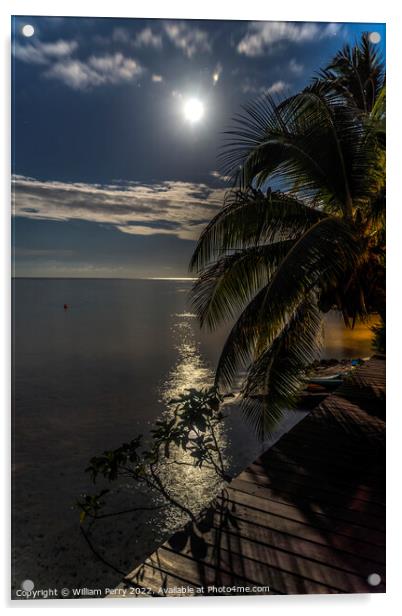 Moon Stars Night Reflection Blue Water Moorea Tahiti Acrylic by William Perry