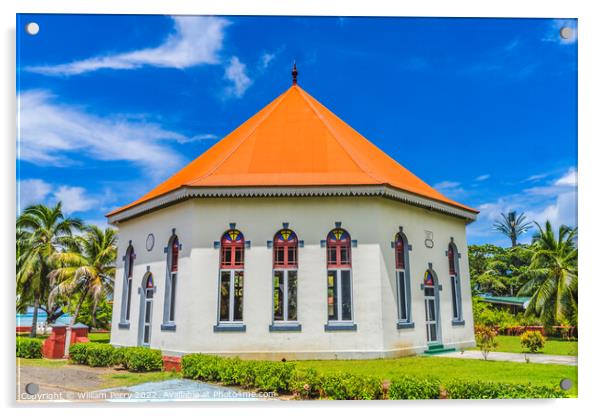 Colorful Papetoai Temple Protestant Church Moorea Tahiti Acrylic by William Perry