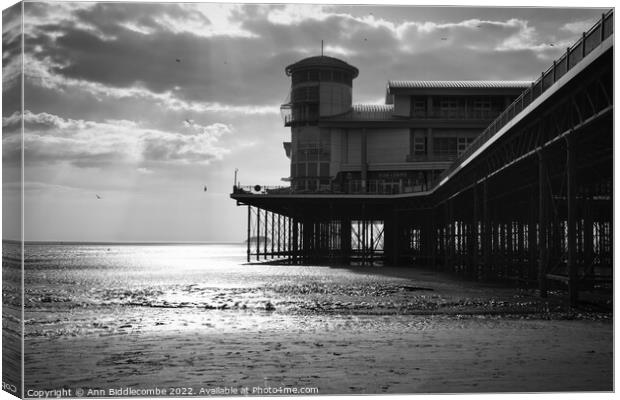 Black and white Weston-Super-Mare  under the pier Canvas Print by Ann Biddlecombe