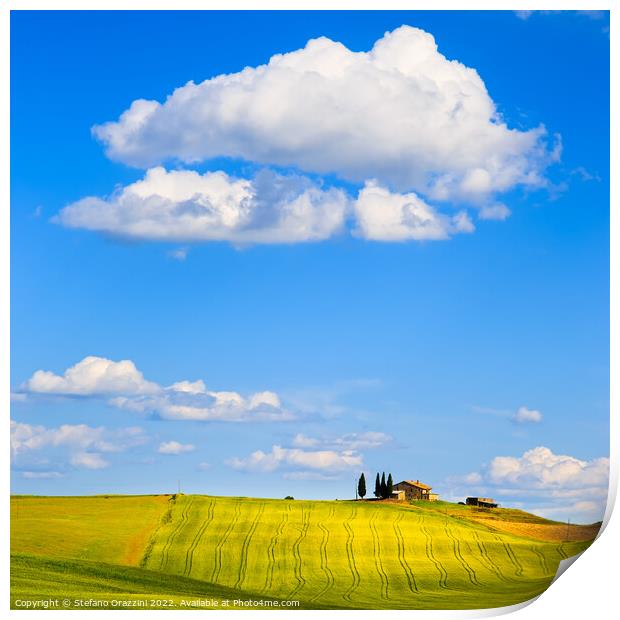 Tuscany, farm on the top of the hill and a cloud. Pienza, Italy Print by Stefano Orazzini