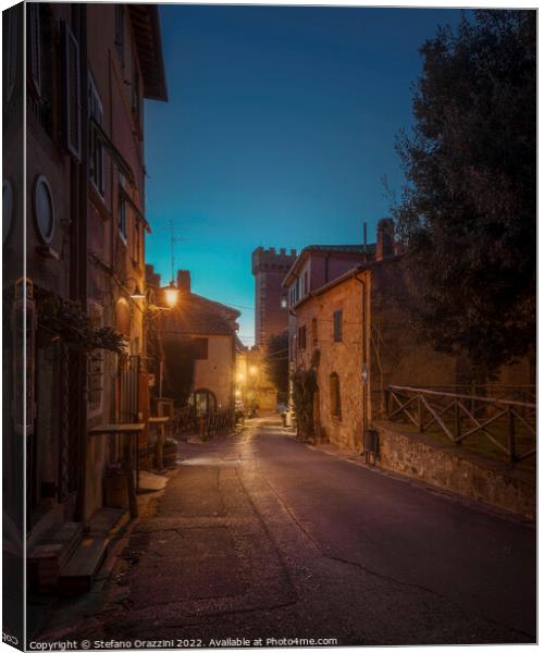 Bolgheri medieval village street at sunset. Castagneto Carducci, Canvas Print by Stefano Orazzini