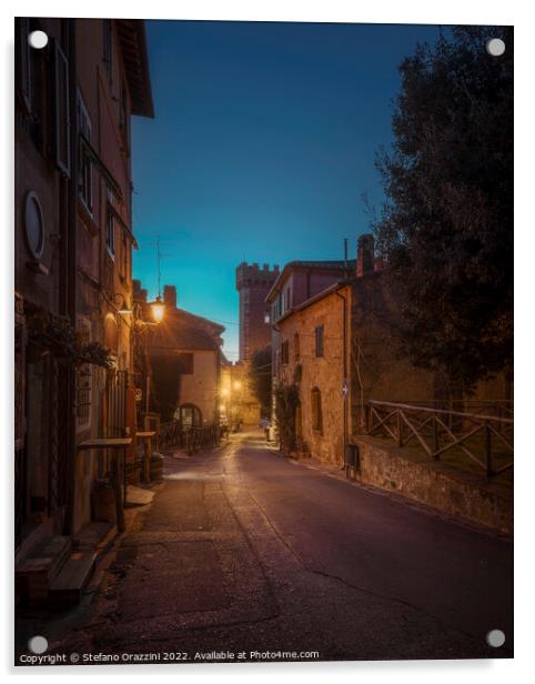 Bolgheri medieval village street at sunset. Castagneto Carducci, Acrylic by Stefano Orazzini