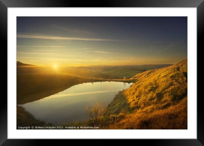 Small lake and rolling hills at sunset. Landscape in Crete Senes Framed Mounted Print by Stefano Orazzini