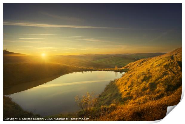 Small lake and rolling hills at sunset. Landscape in Crete Senes Print by Stefano Orazzini