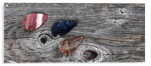 Three Native American arrowheads on rustic wood  Acrylic by Thomas Baker
