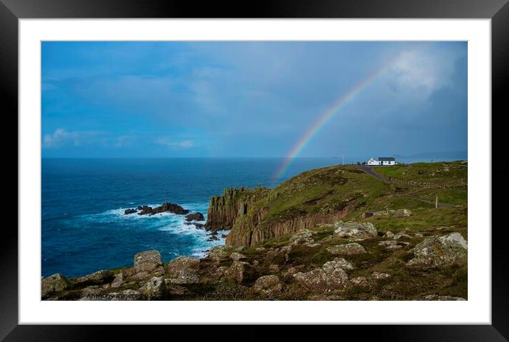 Rainbow. over Lands End Cornwall  Framed Mounted Print by Anthony miners