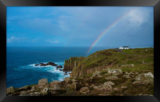 Rainbow. over Lands End Cornwall  Framed Print by Anthony miners