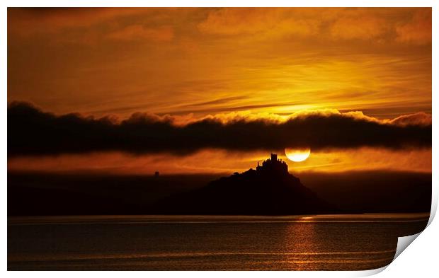 Sunrise  over St Michaels Mount Cornwall . Print by Anthony miners
