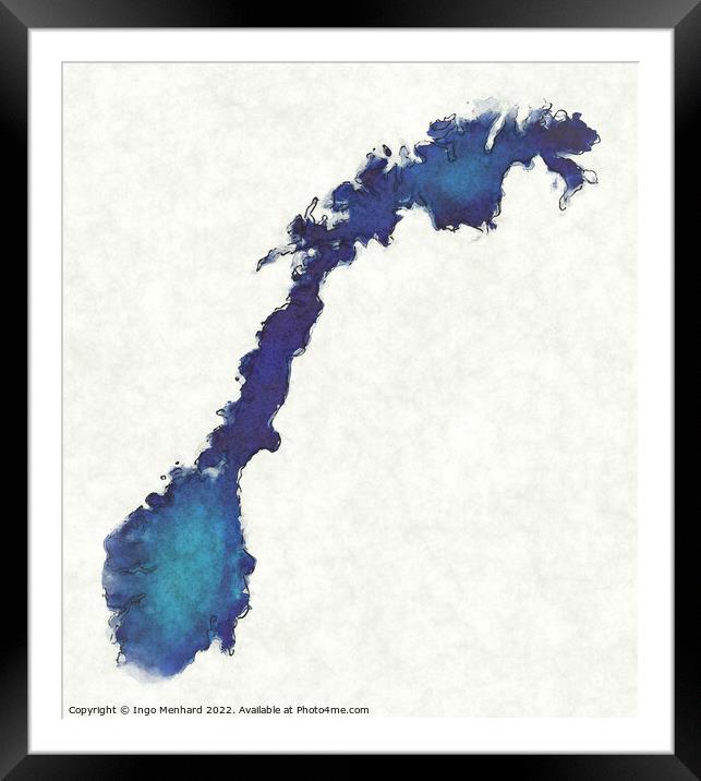 Norway map with drawn lines and blue watercolor illustration Framed Mounted Print by Ingo Menhard