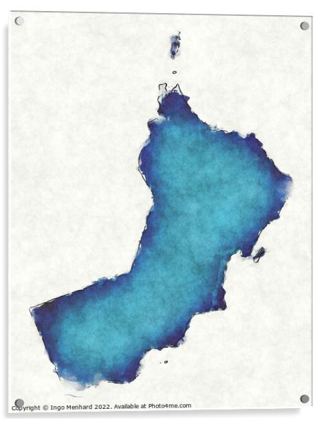 Oman map with drawn lines and blue watercolor illustration Acrylic by Ingo Menhard