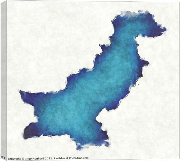 Pakistan map with drawn lines and blue watercolor illustration Canvas Print by Ingo Menhard