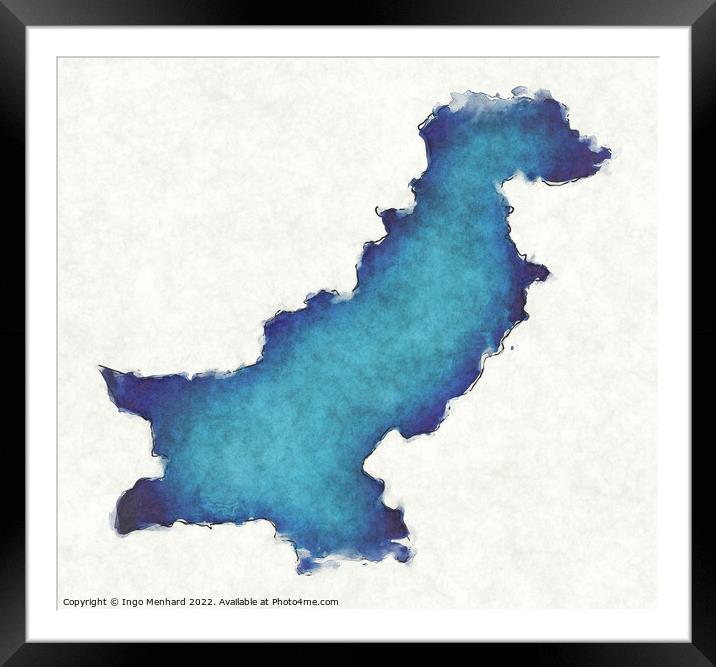 Pakistan map with drawn lines and blue watercolor illustration Framed Mounted Print by Ingo Menhard
