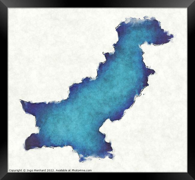 Pakistan map with drawn lines and blue watercolor illustration Framed Print by Ingo Menhard