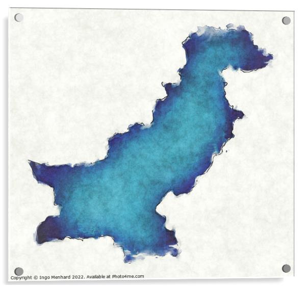 Pakistan map with drawn lines and blue watercolor illustration Acrylic by Ingo Menhard