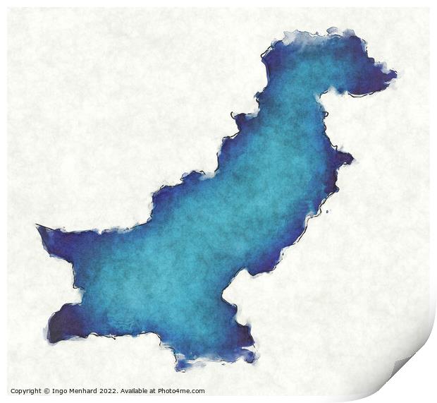 Pakistan map with drawn lines and blue watercolor illustration Print by Ingo Menhard