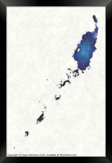 Palau map with drawn lines and blue watercolor illustration Framed Print by Ingo Menhard