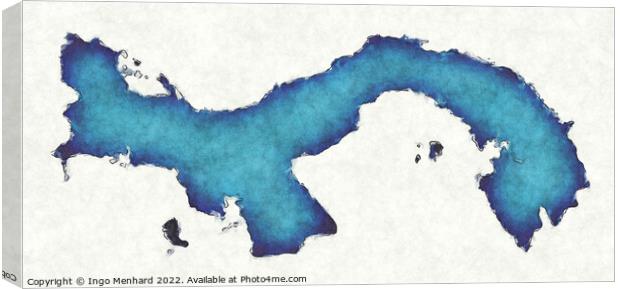 Panama map with drawn lines and blue watercolor illustration Canvas Print by Ingo Menhard