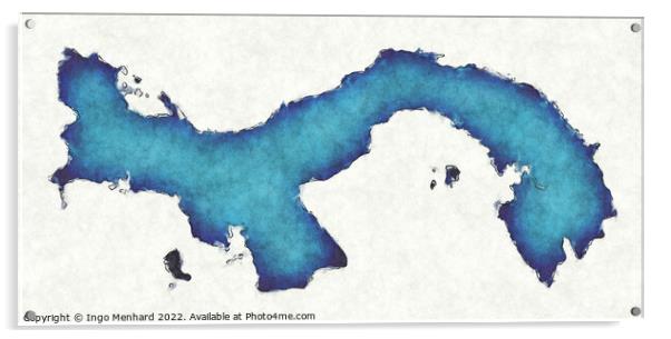 Panama map with drawn lines and blue watercolor illustration Acrylic by Ingo Menhard