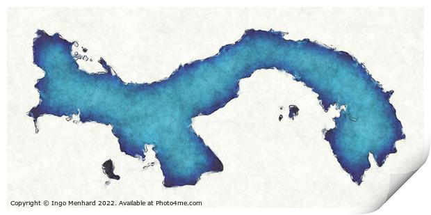 Panama map with drawn lines and blue watercolor illustration Print by Ingo Menhard