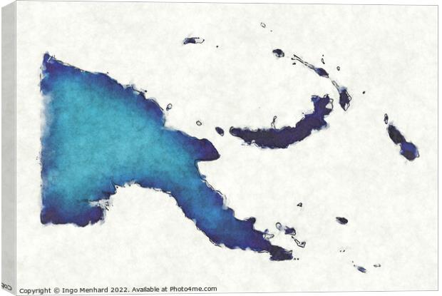 Papua New Guinea map with drawn lines and blue watercolor illust Canvas Print by Ingo Menhard