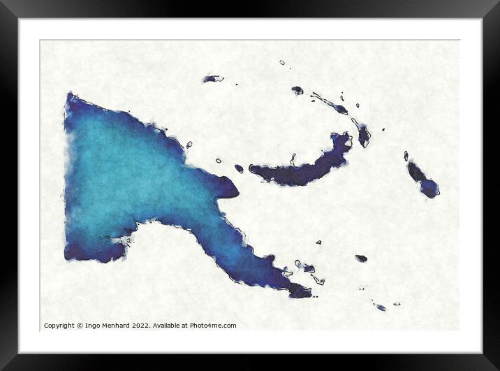 Papua New Guinea map with drawn lines and blue watercolor illust Framed Mounted Print by Ingo Menhard