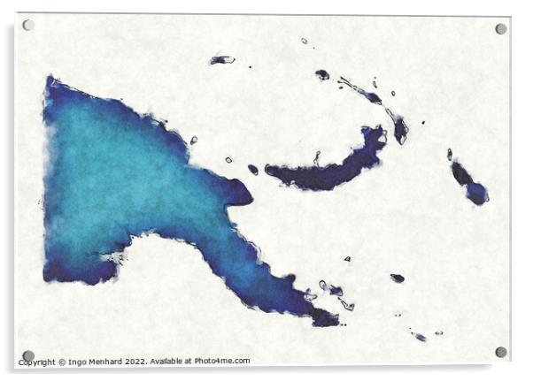 Papua New Guinea map with drawn lines and blue watercolor illust Acrylic by Ingo Menhard