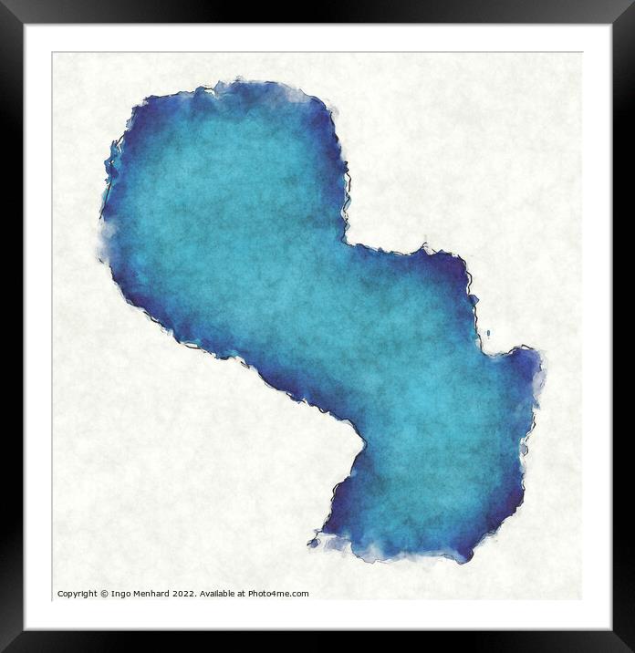 Paraguay map with drawn lines and blue watercolor illustration Framed Mounted Print by Ingo Menhard