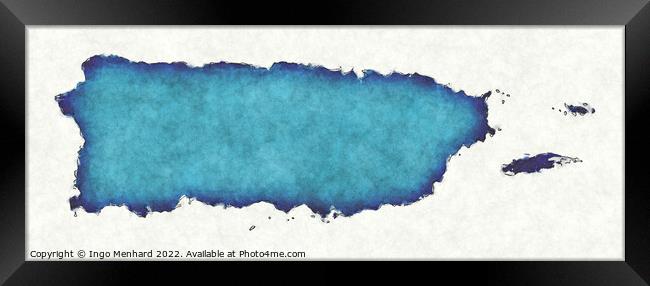 Puerto Rico map with drawn lines and blue watercolor illustratio Framed Print by Ingo Menhard