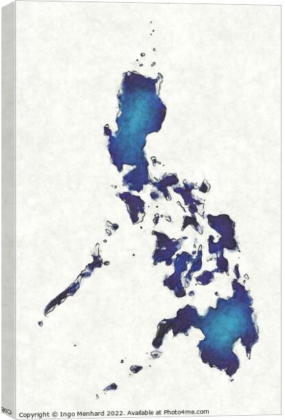 Philippines map with drawn lines and blue watercolor illustratio Canvas Print by Ingo Menhard