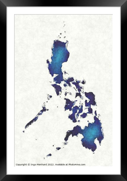 Philippines map with drawn lines and blue watercolor illustratio Framed Mounted Print by Ingo Menhard