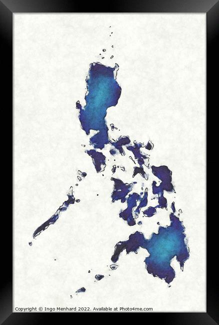 Philippines map with drawn lines and blue watercolor illustratio Framed Print by Ingo Menhard
