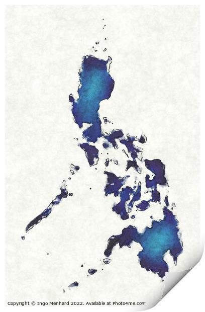 Philippines map with drawn lines and blue watercolor illustratio Print by Ingo Menhard