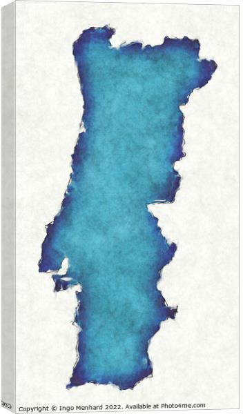 Portugal map with drawn lines and blue watercolor illustration Canvas Print by Ingo Menhard