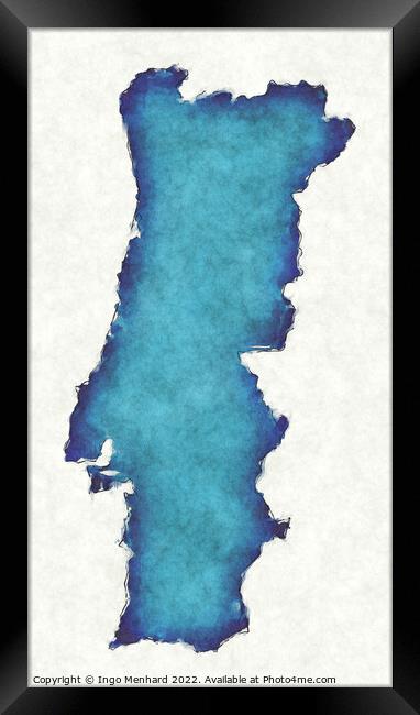 Portugal map with drawn lines and blue watercolor illustration Framed Print by Ingo Menhard