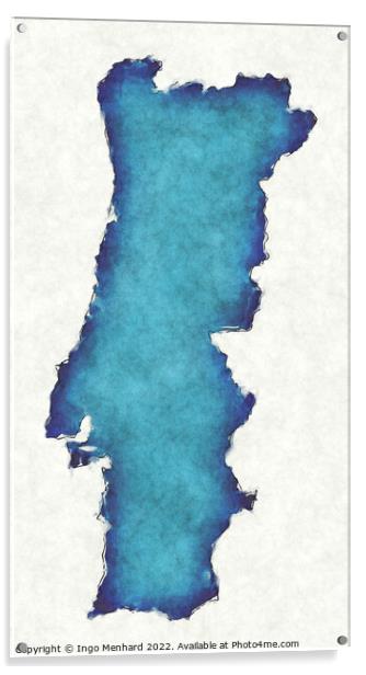 Portugal map with drawn lines and blue watercolor illustration Acrylic by Ingo Menhard