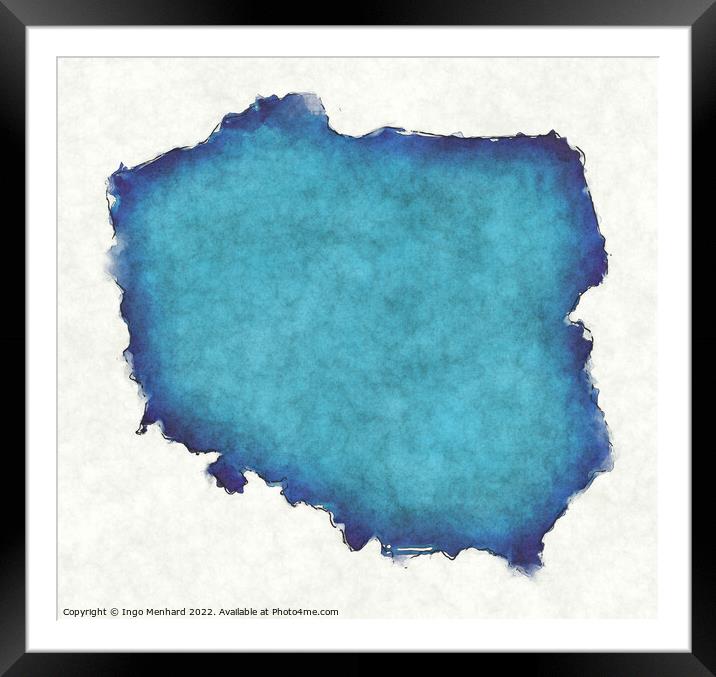 Poland map with drawn lines and blue watercolor illustration Framed Mounted Print by Ingo Menhard