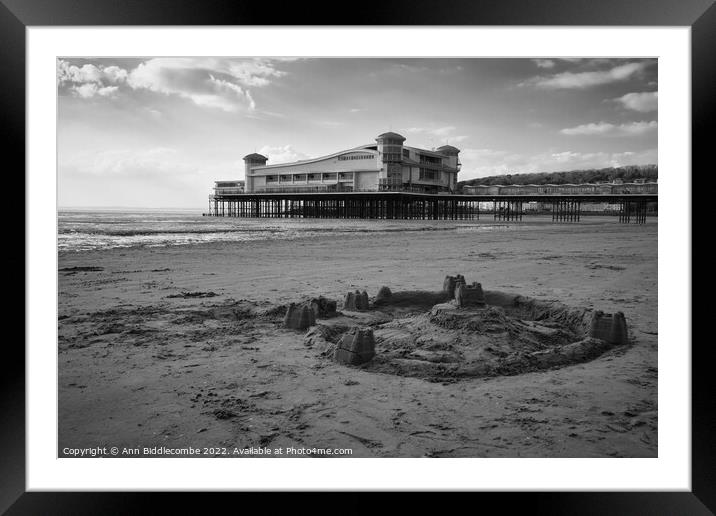 Weston-Super-Mare  sand castle in black and white Framed Mounted Print by Ann Biddlecombe