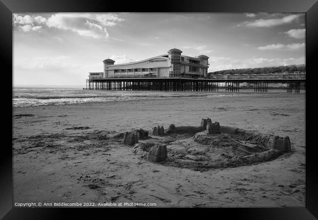 Weston-Super-Mare  sand castle in black and white Framed Print by Ann Biddlecombe