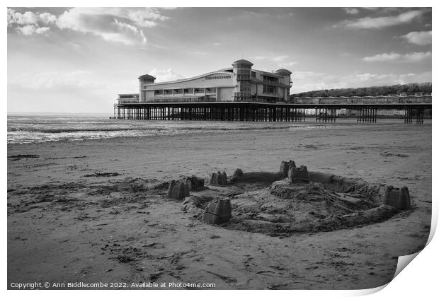 Weston-Super-Mare  sand castle in black and white Print by Ann Biddlecombe