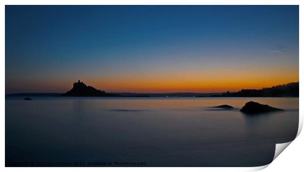 Beautiful Sun set over St.Michaels Mount Cornwall .  Print by Anthony miners