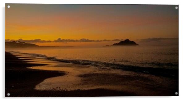 Misty  Sunrise over St.Michaels Mount and Marazion Cornwall . Acrylic by Anthony miners