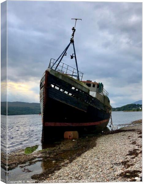 Shipwreck on the beach at Corpach   Canvas Print by Jimmy Thomson