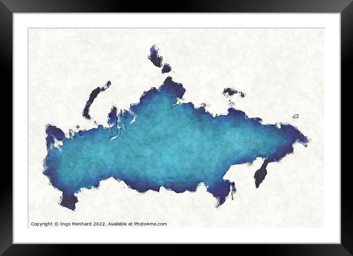 Russia map with drawn lines and blue watercolor illustration Framed Mounted Print by Ingo Menhard