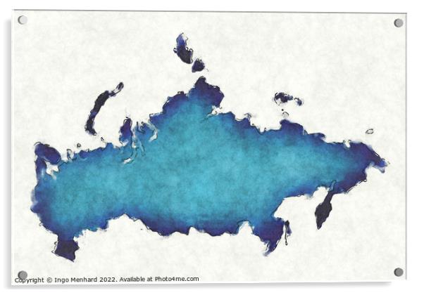 Russia map with drawn lines and blue watercolor illustration Acrylic by Ingo Menhard