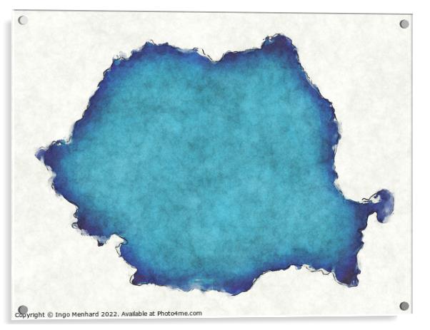 Romania map with drawn lines and blue watercolor illustration Acrylic by Ingo Menhard
